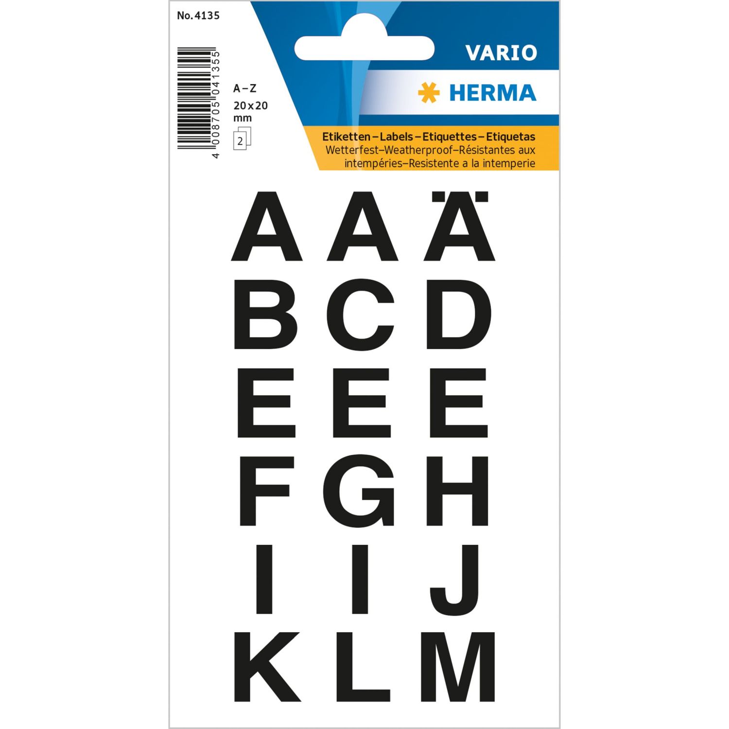 4135 Buchstaben-Etiketten - A-Z, 20x20 mm, wetterfest, schwarz 4135 Buchstaben-Etiketten - A-Z, 20x20 mm, wetterfest, schwarz
