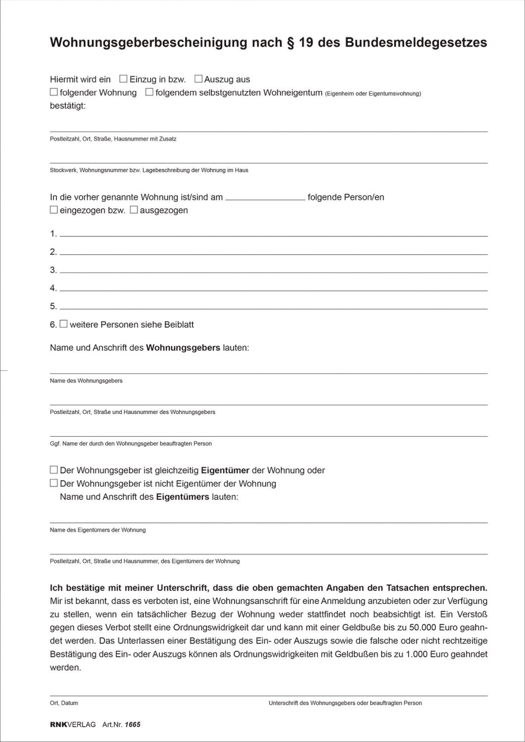 Wohnungsgeberbescheinigung nach § 19 Bundesmeldegesetz (BMG), 2 Seiten, DIN A4 Wohnungsgeberbescheinigung nach § 19 Bundesmeldegesetz (BMG), 2 Seiten, DIN A4