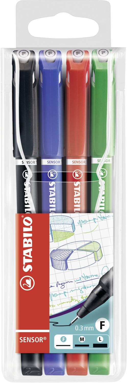 Fineliner mit gefederter Spitze - SENSOR F - fein - 4er Pack - schwarz, blau, rot, grün