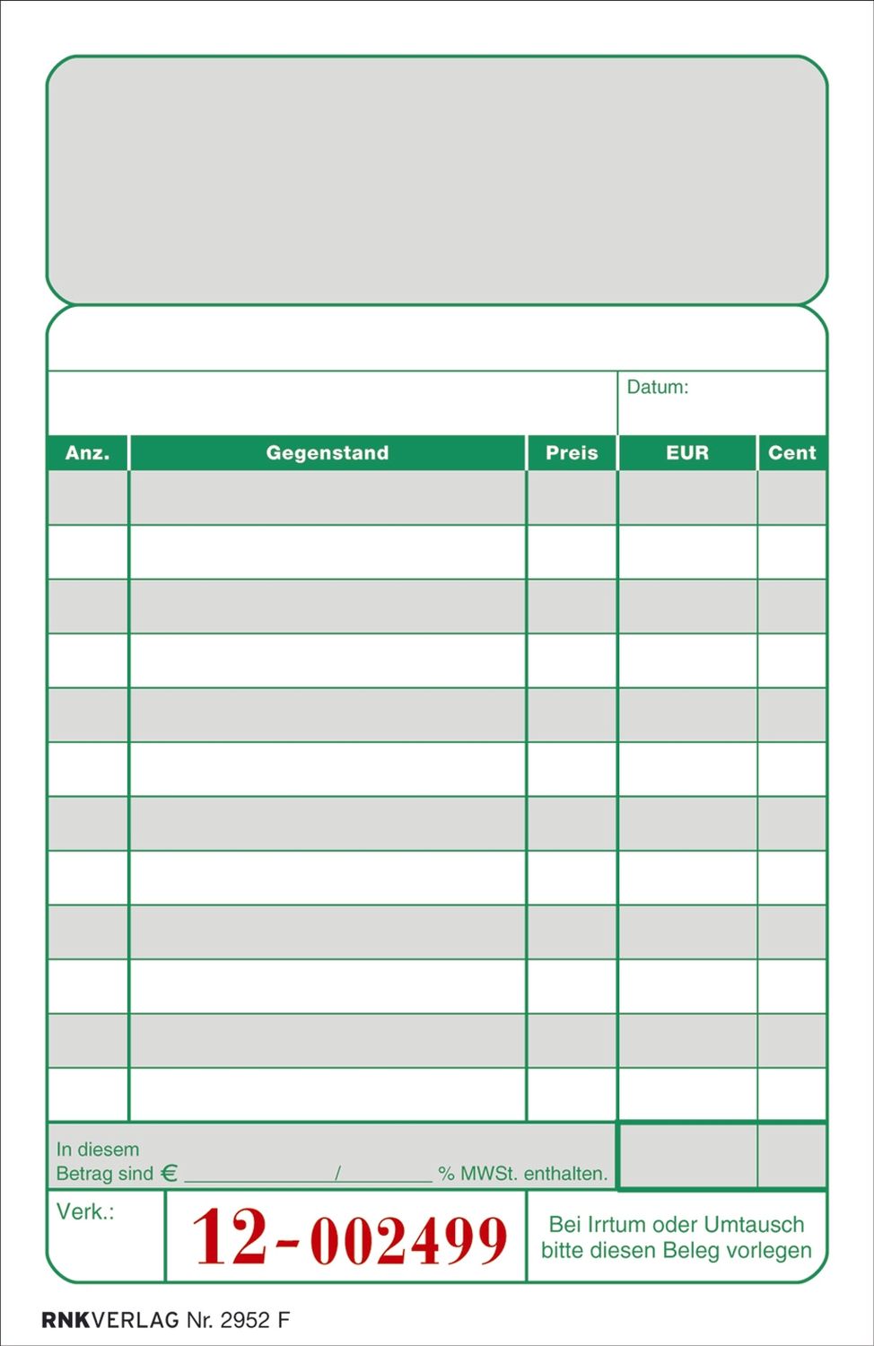 Kassenblock - zweifarbig - oben geheftet, 2 x 50 Blatt, 96 x 167 mm, nummeriert Kassenblock - zweifarbig - oben geheftet, 2 x 50 Blatt, 96 x 167 mm, nummeriert