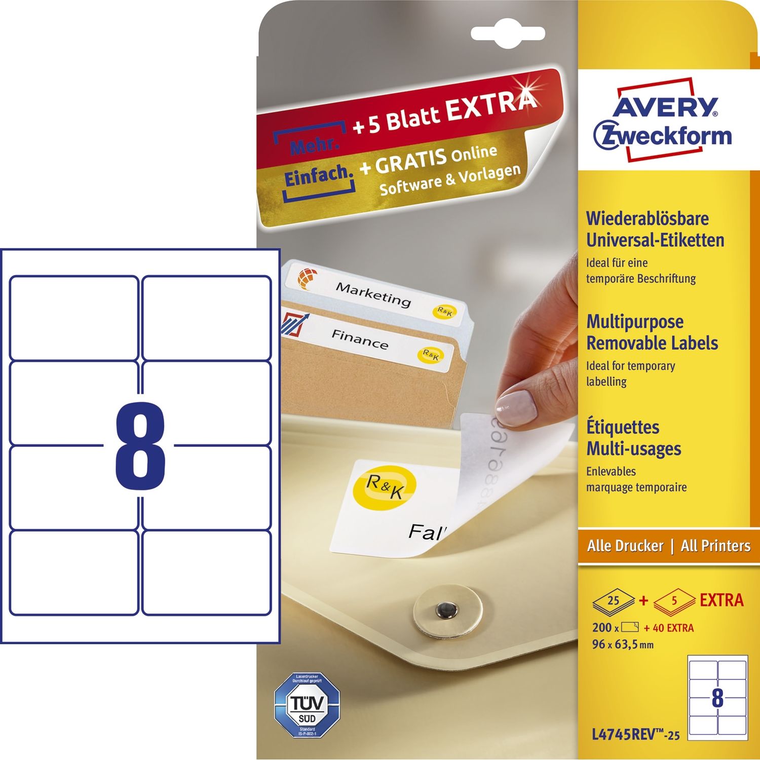 L4745REV-25 Universal-Etiketten - 96 x 63,5 mm, weiß, 240 Etiketten/30 Blatt, wiederablösbar