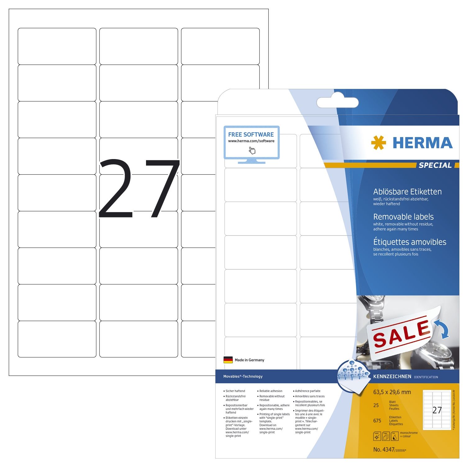 4347 Etiketten A4 weiß 63,5x29,6 mm Movables/ablösbar Papier matt 675 St.