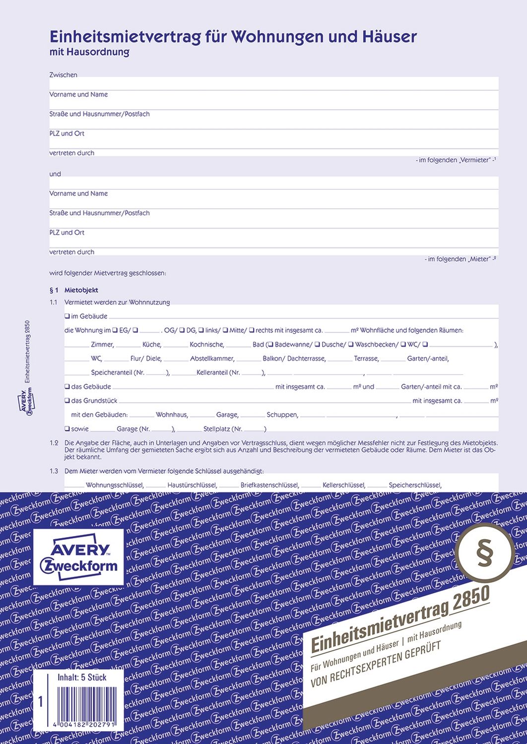 2850 Einheitsmietvertrag - Wohnungen und Häuser, DIN A4, mit Hausordnung, 1 Satz/5 Stück, blau