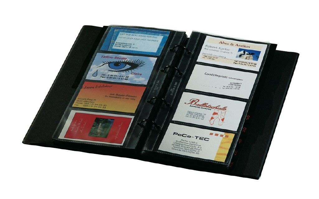 Visitenkarten-Ringbuch - einreihig, schwarz, matt, mit 25 Sichthüllen, Register A-Z, 4-Ring-Mechanik Visitenkarten-Ringbuch - einreihig, schwarz, matt, mit 25 Sichthüllen, Register A-Z, 4-Ring-Mechanik