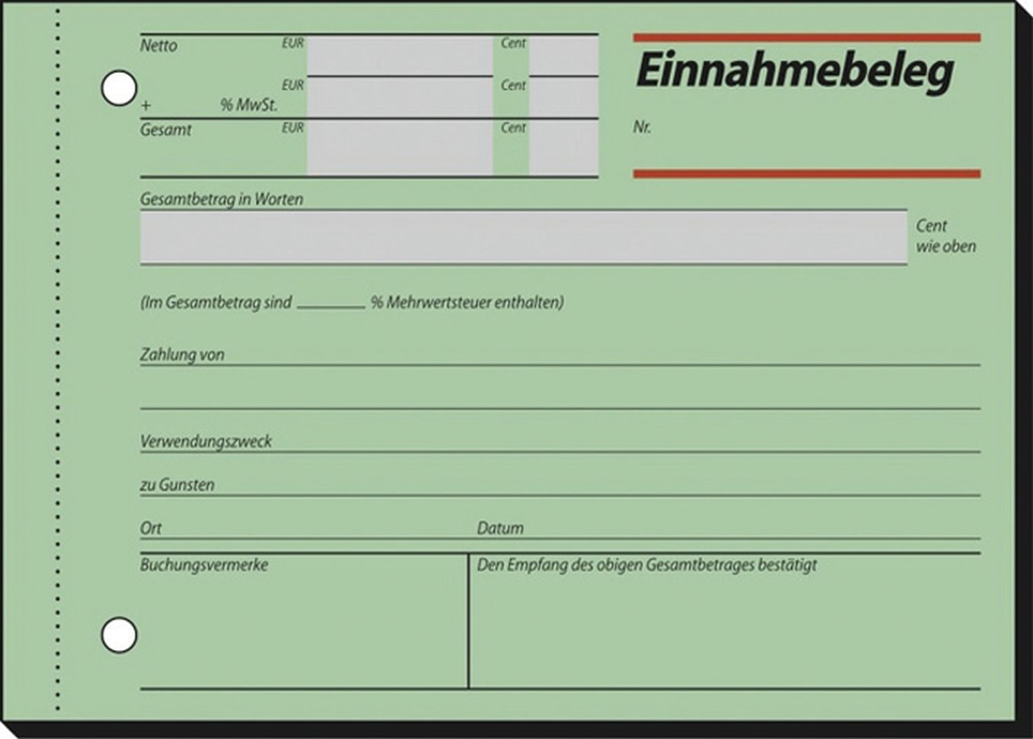 Einnahmebelege - A6 quer, Papier grün, mit Sicherheitsdruck, 50 Blatt