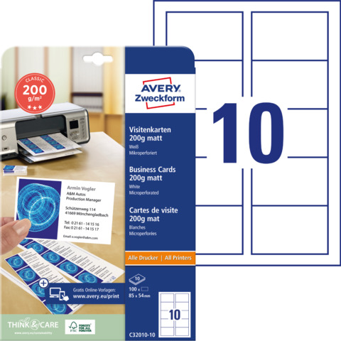 Visitenkarten Avery Zweckform C32010-10, beidseitiger Druck, 85 x 54 mm, Ecken spitz, 200 g/qm, weiß matt, 100 Stück auf 10 Blatt