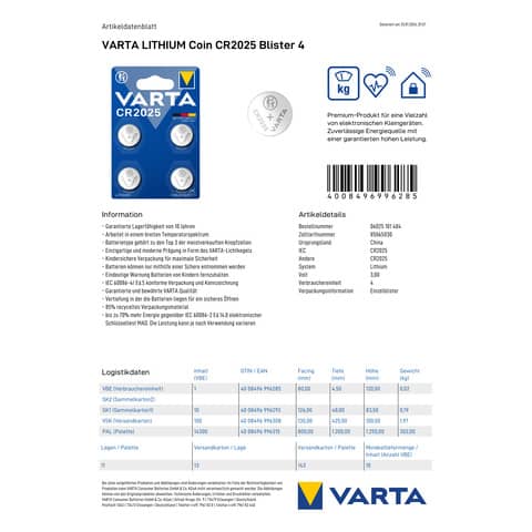 Knopfzelle Varta 6025, CR2025, 3 V, 4 Stück