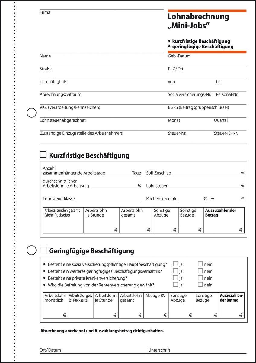 Lohnabrechnungen "Mini-Jobs" - A5, 50 Blatt Lohnabrechnungen "Mini-Jobs" - A5, 50 Blatt