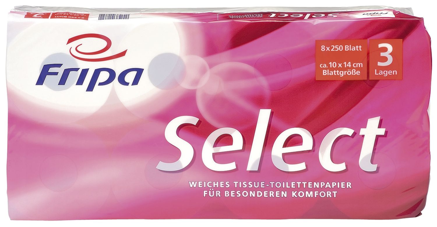 Toilettenpapier Select - 3-lagig, geprägt, hochweiß, 8 Rollen à 250 Blatt Toilettenpapier Select - 3-lagig, geprägt, hochweiß, 8 Rollen à 250 Blatt