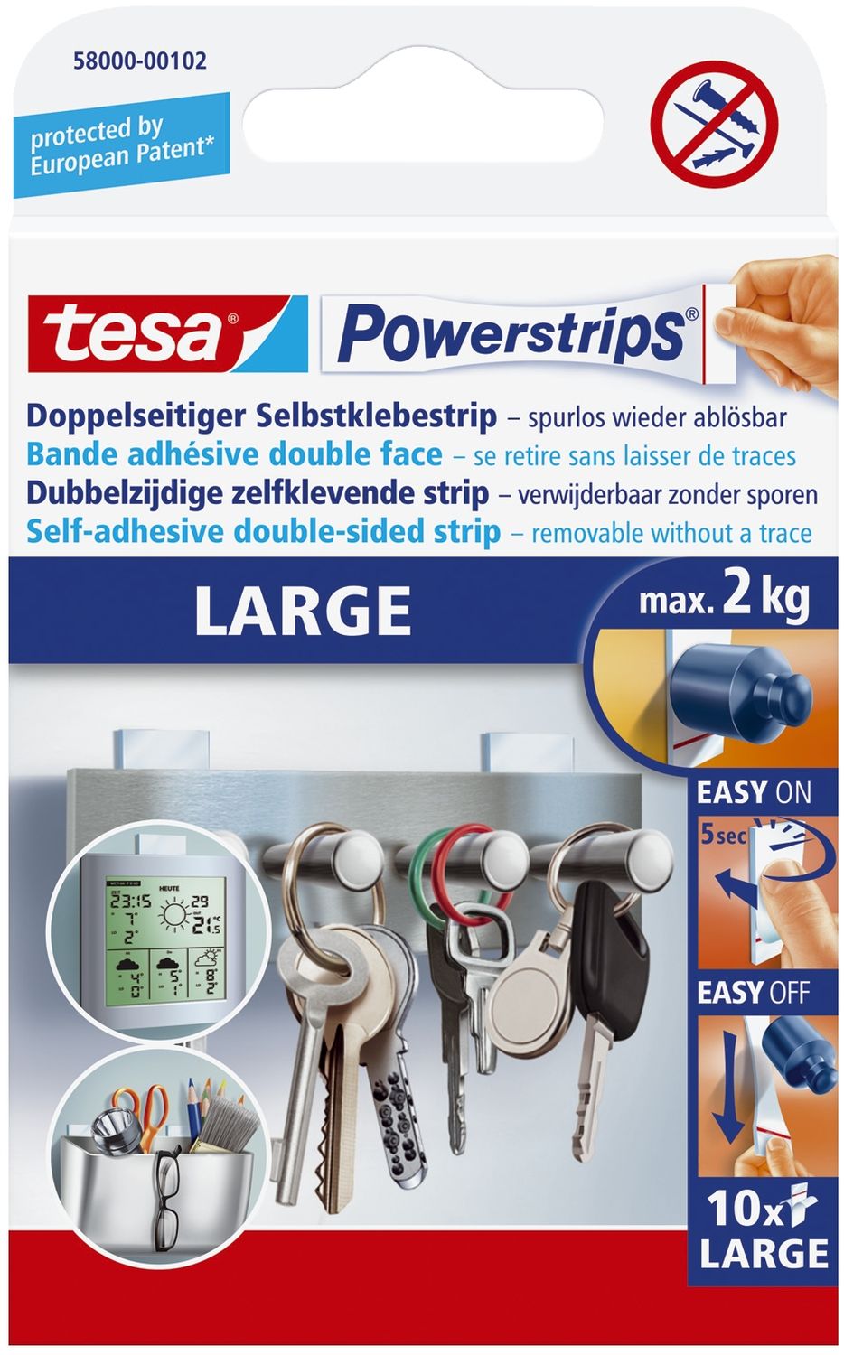 Powerstrips® Large - ablösbar, Tragfähigkeit 2 kg, weiß, 10 Stück