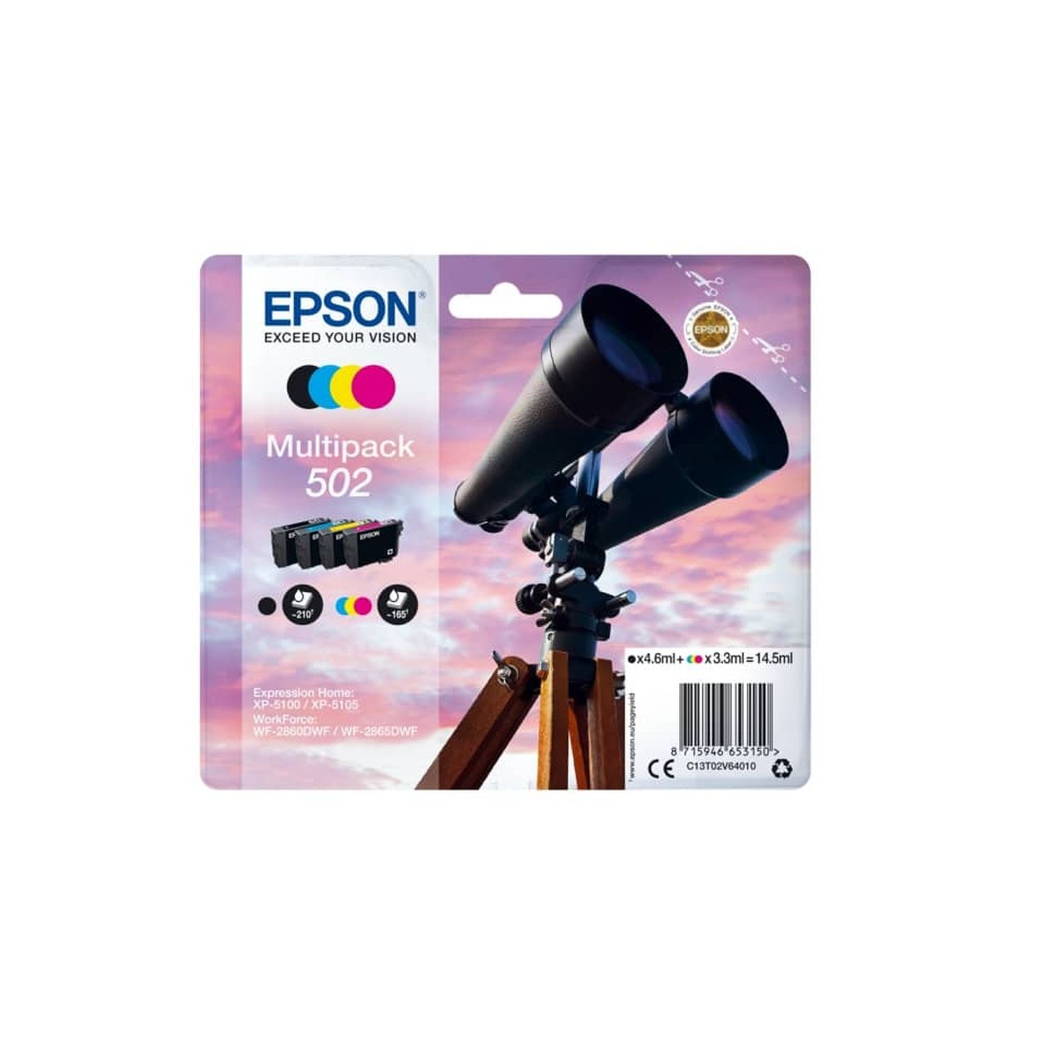 Original Epson Tintenpatrone MultiPack Bk,C,M,Y (C13T02V64010,T02V640,502,T02V6,T02V64010)