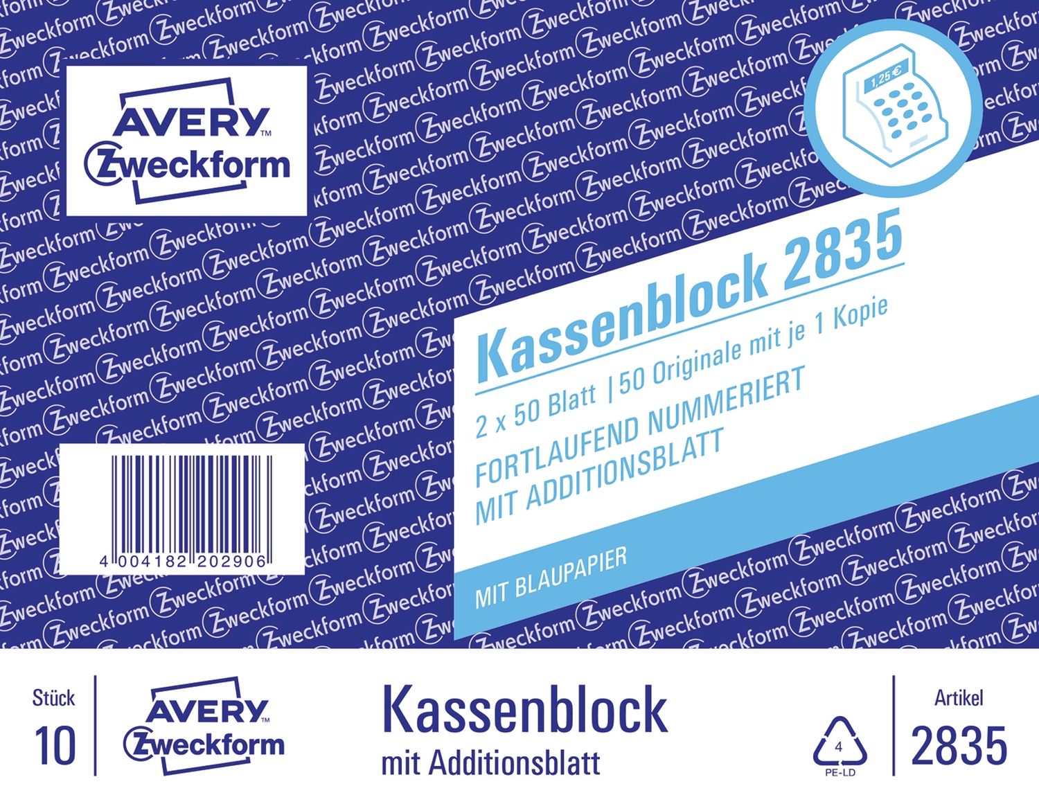 2835 Kassenblock, Kompaktblock, fortlaufend nummeriert, 2 x 50 Blatt, weiß 2835 Kassenblock, Kompaktblock, fortlaufend nummeriert, 2 x 50 Blatt, weiß