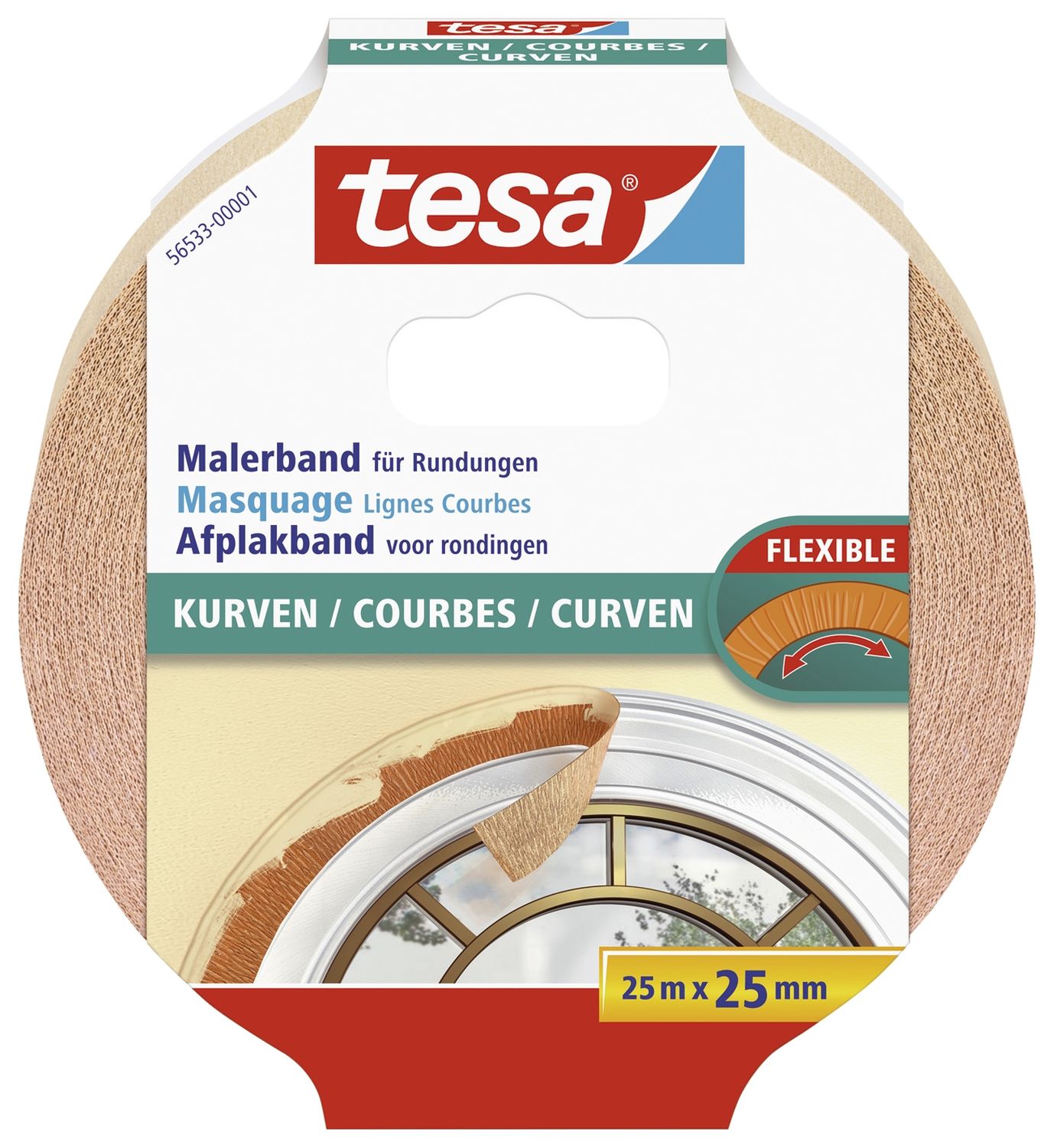 Papier-Klebeband Maler-Krepp für Rundungen - 25 m x 25 mm, beige Papier-Klebeband Maler-Krepp für Rundungen - 25 m x 25 mm, beige
