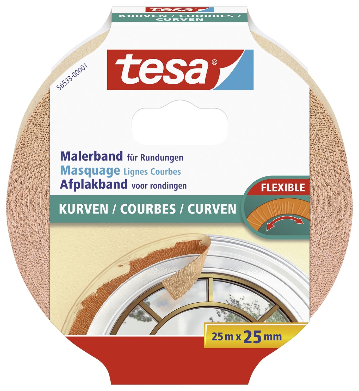 Papier-Klebeband Maler-Krepp für Rundungen - 25 m x 25 mm, beige