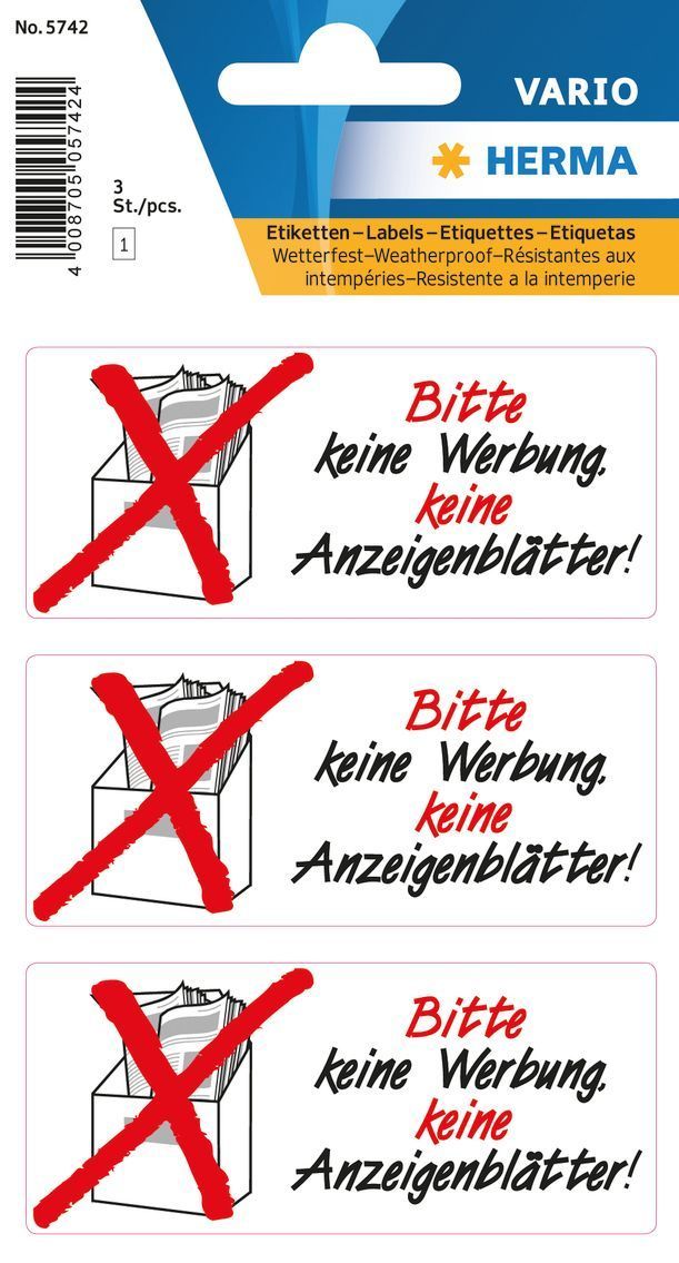 5742 Hinweisetiketten Keine Werbung/Anzeigenblatt - wetterfest 5742 Hinweisetiketten Keine Werbung/Anzeigenblatt - wetterfest