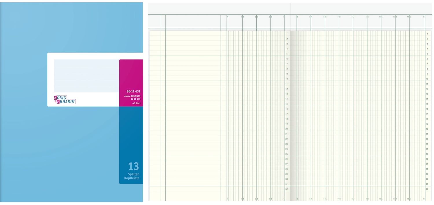 Spaltenbuch Kopfleisten-Ausführung - A4, 13 Spalten, 40 Blatt, Schema über 2 Seite