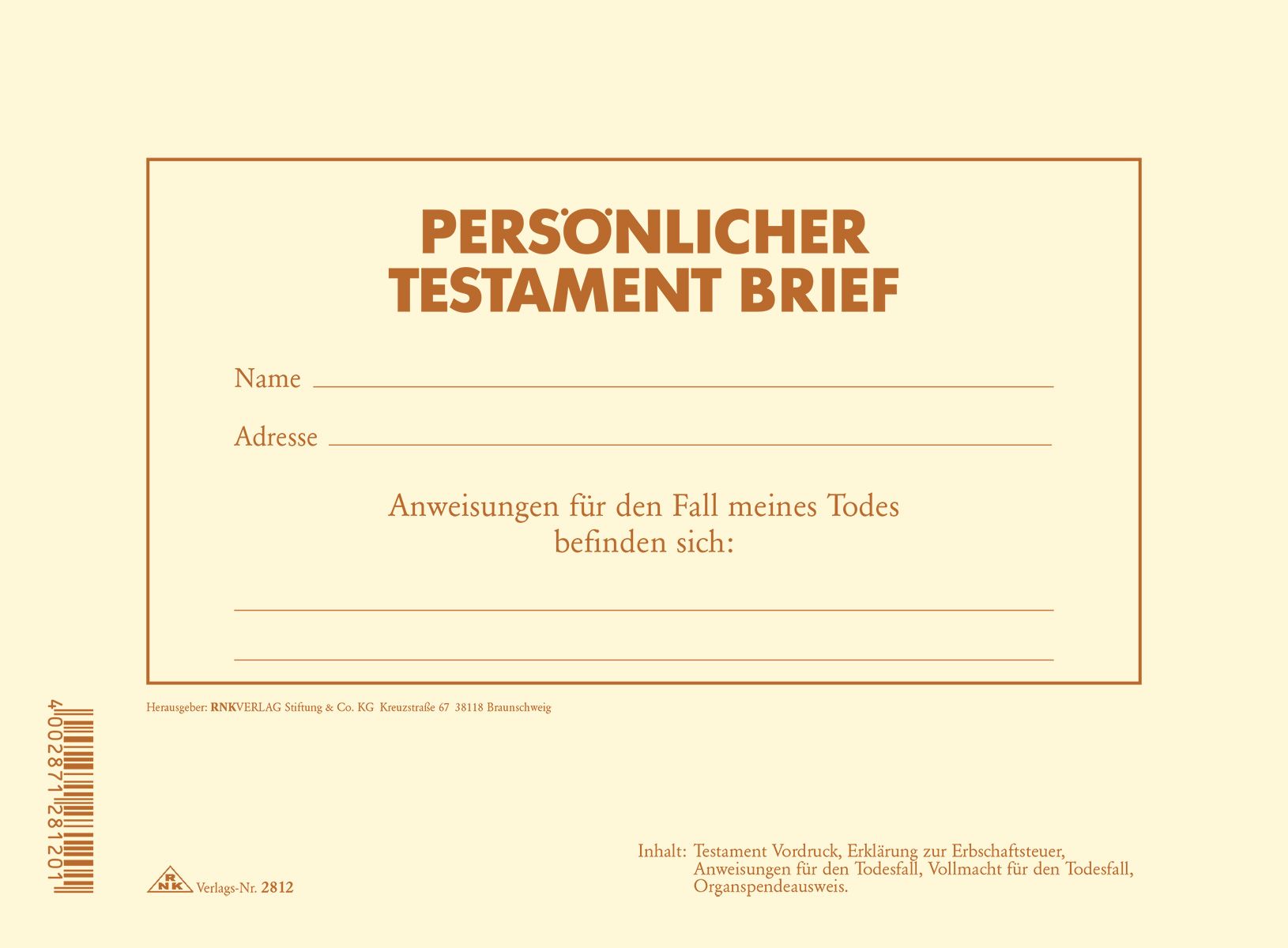 Testament Brief mit Anweisungen und Vollmacht für den Todesfall, DIN A4 Testament Brief mit Anweisungen und Vollmacht für den Todesfall, DIN A4