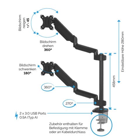 Monitorhalterung Fellows Platinum Series 8043401, für 2 Monitore bis 32 Zoll vertikal, Tisch-Klemmbefestigung, schwarz