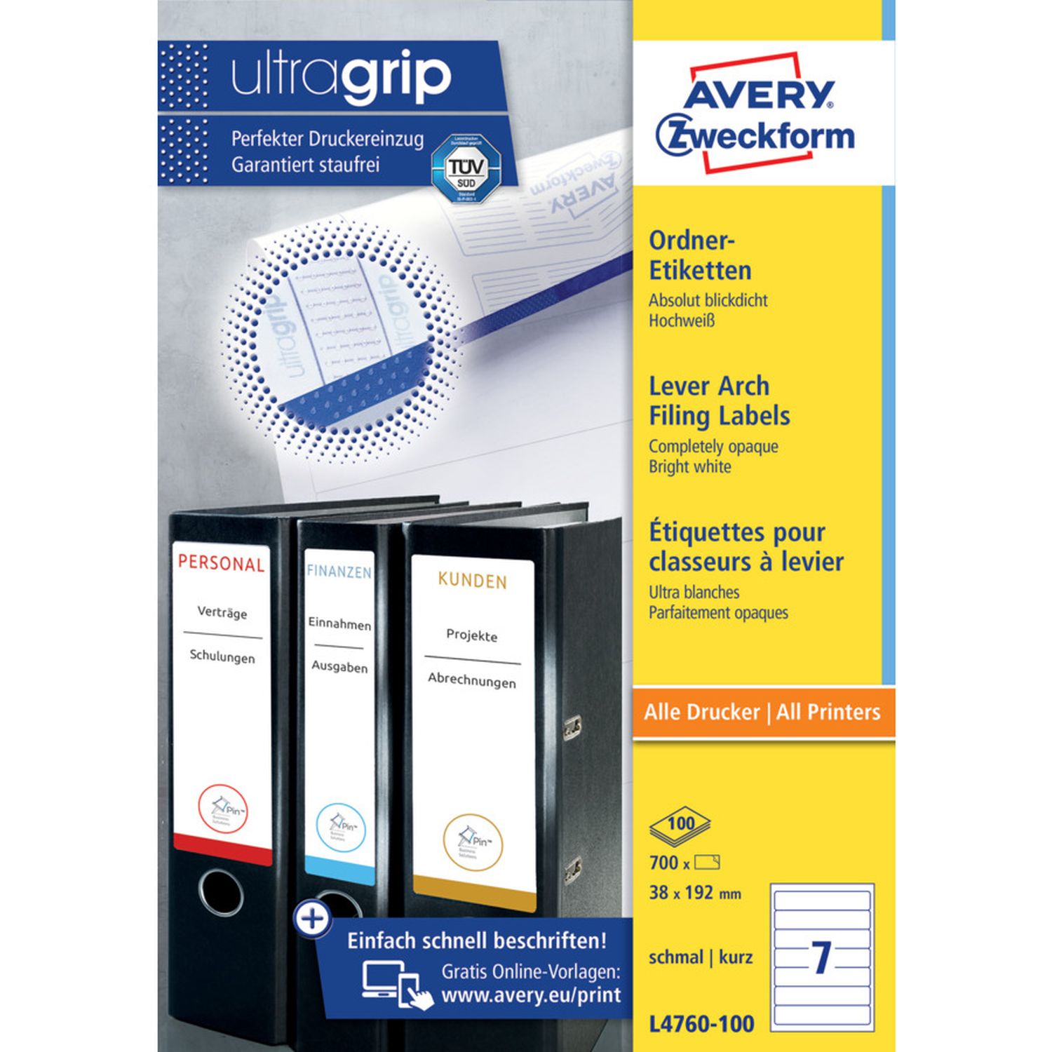 Rückenschild Avery Zweckform L4760-100 PC-beschriftbar, schmal/lang 38 x 297 mm, 100 Bogen/700 Etiketten, weiß Rückenschild Avery Zweckform L4760-100 PC-beschriftbar, schmal/lang 38 x 297 mm, 100 Bogen/700 Etiketten, weiß