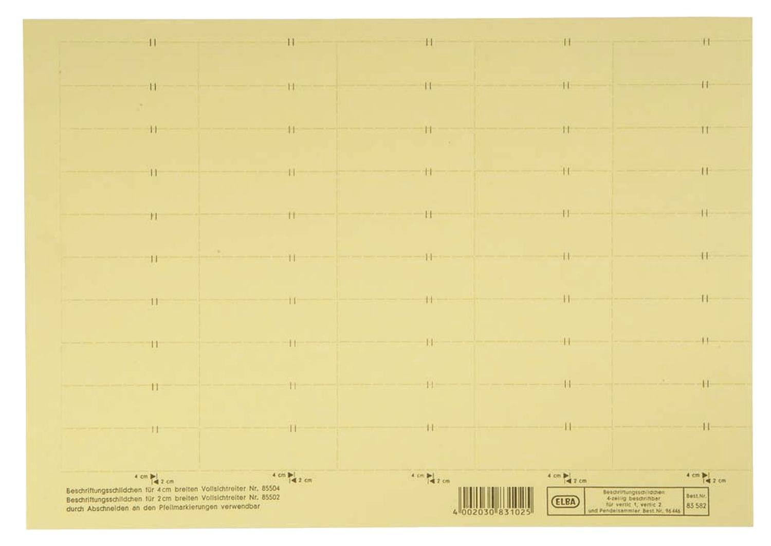Beschriftungsschilder Elba vertic® 100555643 / 83582GE für Elba vertic®, PC-Beschriftung, 58 x 18 mm, gelb, 50 Stück Beschriftungsschilder Elba vertic® 100555643 / 83582GE für Elba vertic®, PC-Beschriftung, 58 x 18 mm, gelb, 50 Stück
