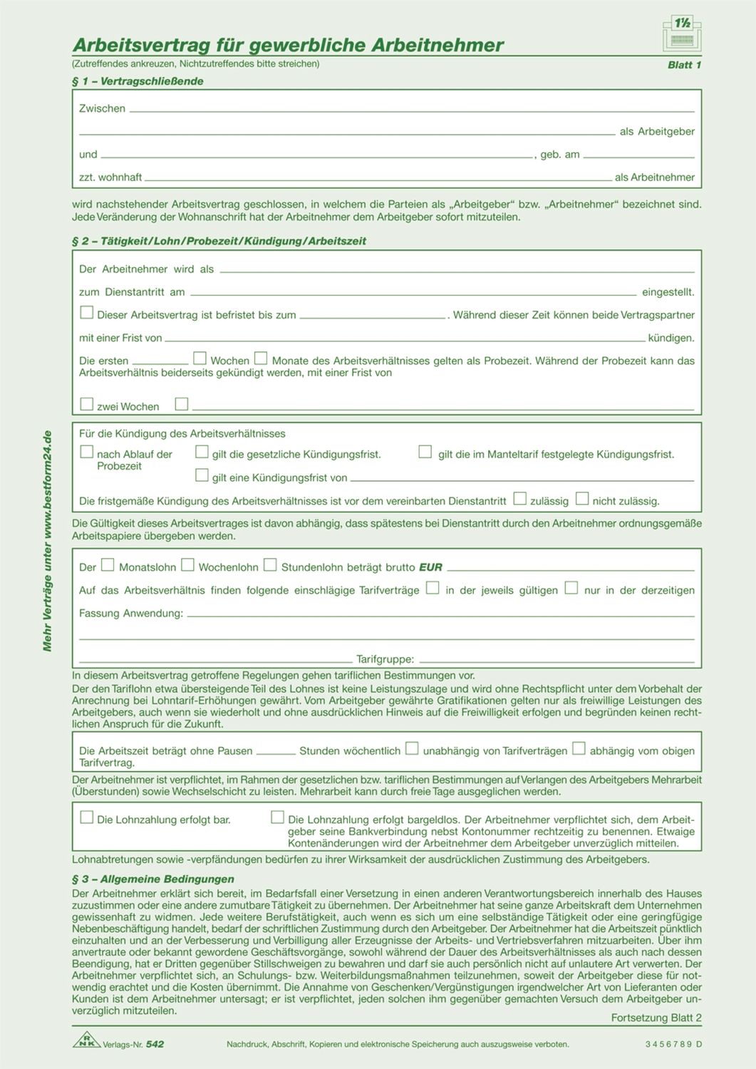 Arbeitsvertrag für gewerbliche Arbeitnehmer - SD, 2 x 2 Blatt, DIN A4, 10 Stück Arbeitsvertrag für gewerbliche Arbeitnehmer - SD, 2 x 2 Blatt, DIN A4, 10 Stück