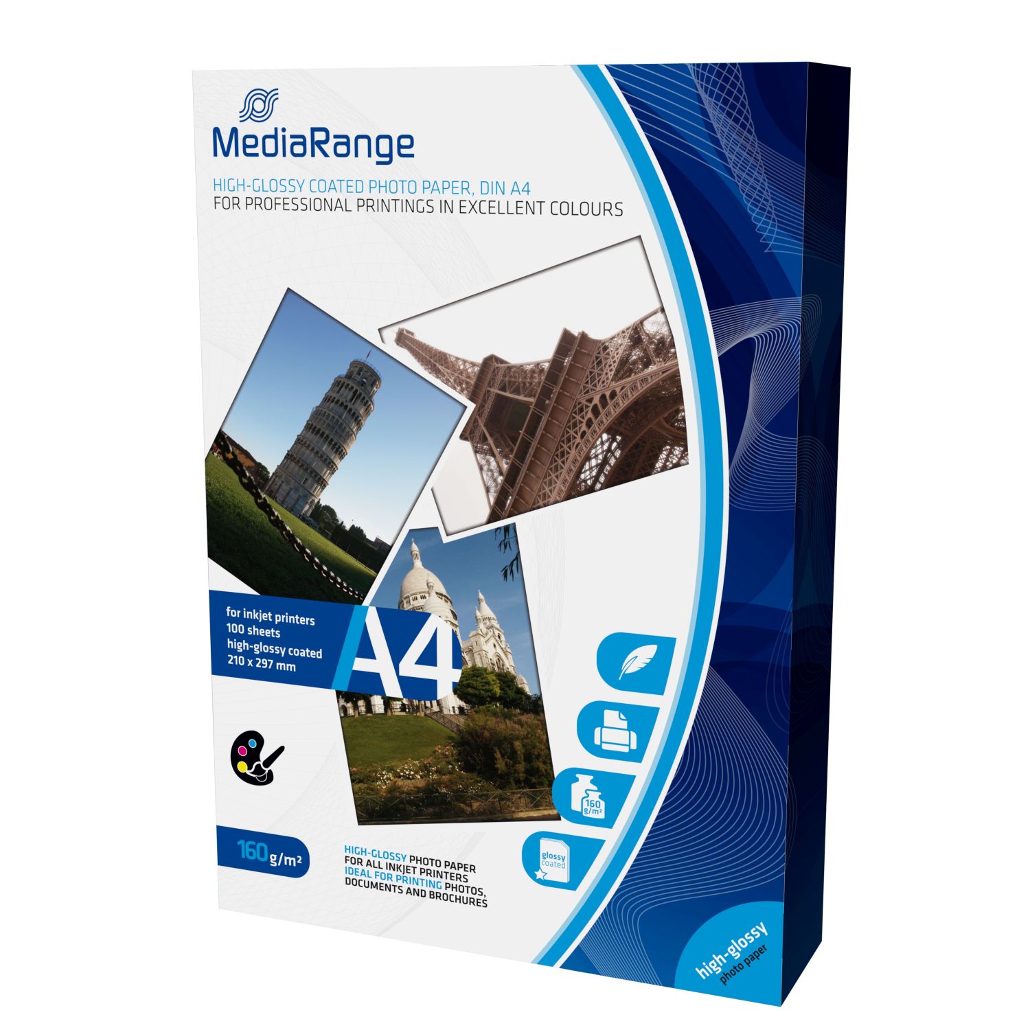 Fotopapier MediaRange MRINK105, DIN A4, weiß, hochglänzend, 160 g/qm, 100 Blatt für Inkjetdrucker