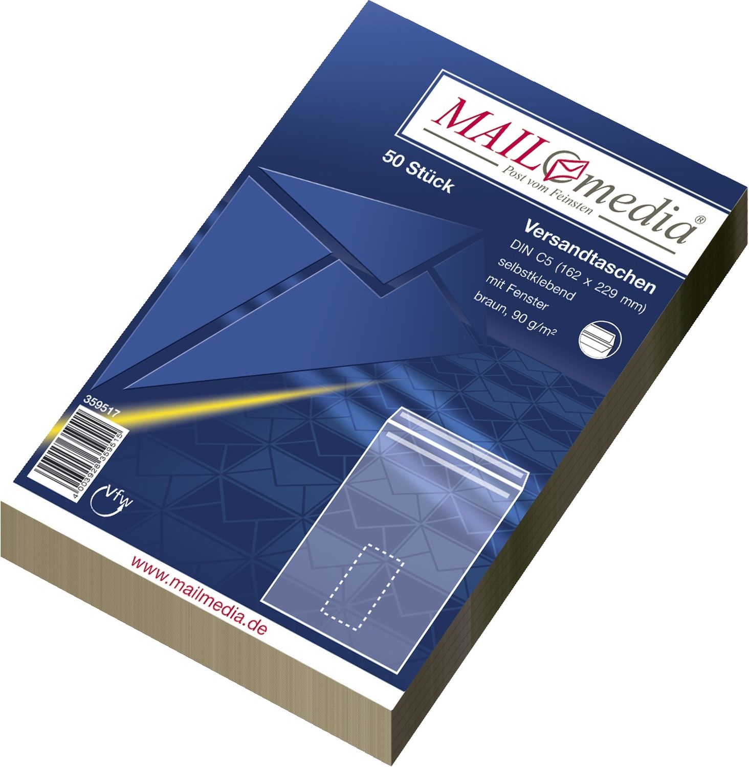 Versandtaschen Recycling MAILmedia® 30022379, C5, mit Fenster, selbstklebend, 90 g/qm, braun, 50 Stück