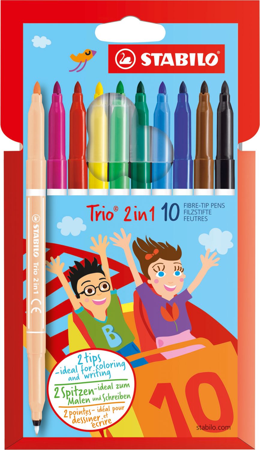 Filzstift und Fineliner in einem - Trio 2 in 1 - 10er Pack mit 10 verschiedenen Farben