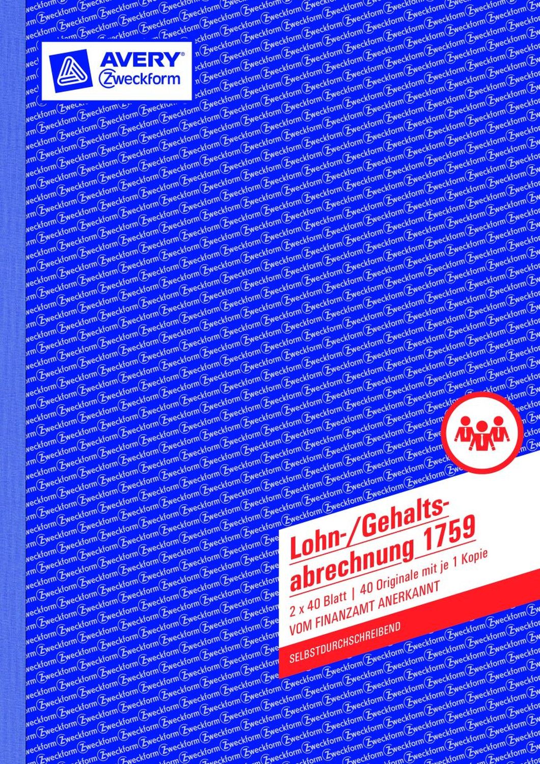 1759 Lohn-/Gehaltsabrechnung, DIN A4, selbstdurchschreibend, 2 x 40 Blatt/10 Stück, weiß, gelb 1759 Lohn-/Gehaltsabrechnung, DIN A4, selbstdurchschreibend, 2 x 40 Blatt/10 Stück, weiß, gelb