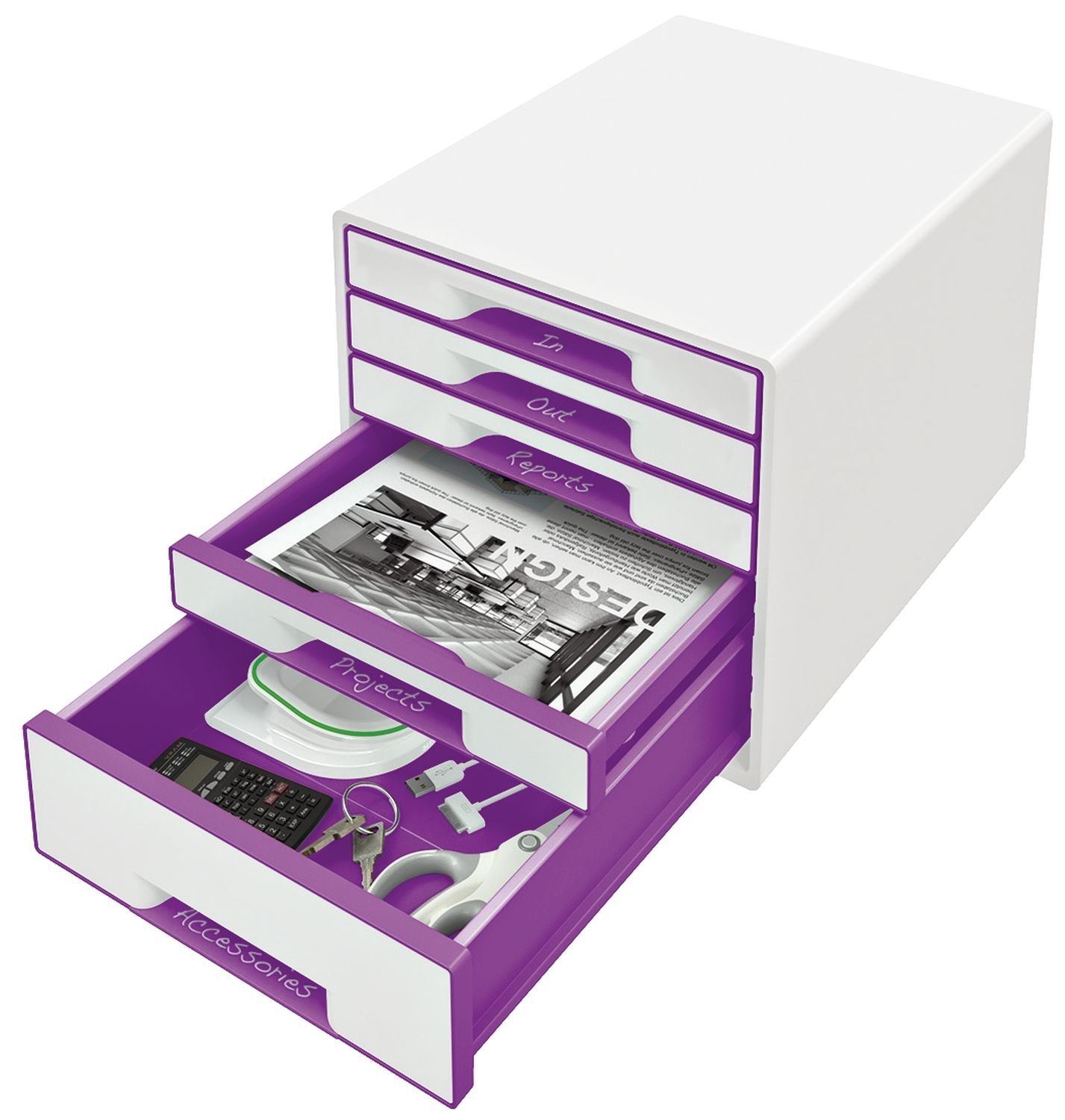 5214 Schubladenbox WOW CUBE - A4/C4, 5 geschlossene Schubladen, perlweiß/violett metallic 5214 Schubladenbox WOW CUBE - A4/C4, 5 geschlossene Schubladen, perlweiß/violett metallic
