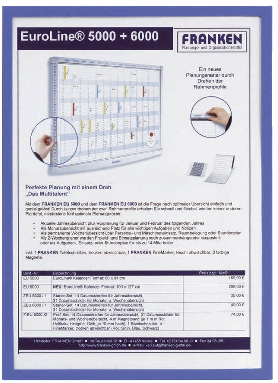 X-tra!Line® Dokumentenhülle Frame It - A4, Hartfolie, matt, blau, 5 Stück