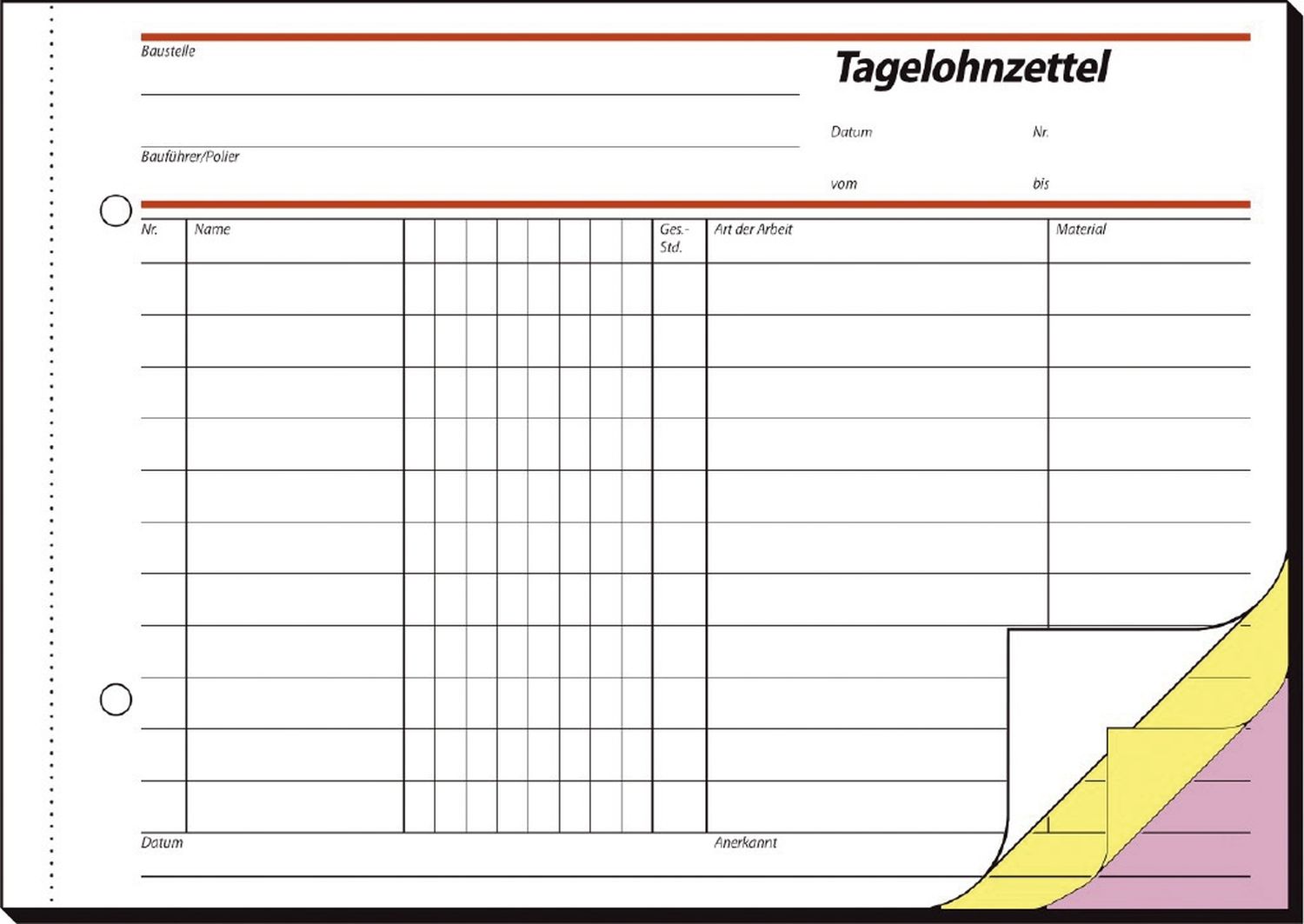 Tagelohnbuch - A5 quer, 1., 2. und 3. Blatt bedruckt, SD, MP, 3 x 40 Blatt Tagelohnbuch - A5 quer, 1., 2. und 3. Blatt bedruckt, SD, MP, 3 x 40 Blatt