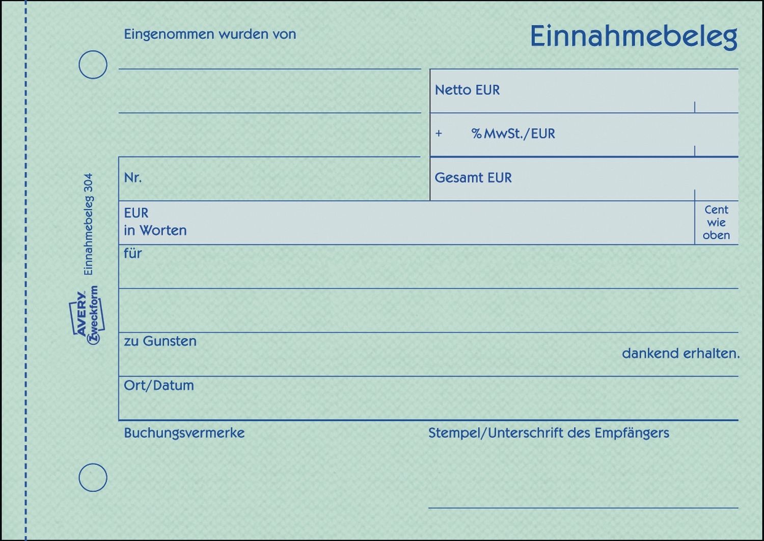 304 Einnahmebeleg, DIN A6 quer, fälschungssicher, 50 Blatt, grün 304 Einnahmebeleg, DIN A6 quer, fälschungssicher, 50 Blatt, grün