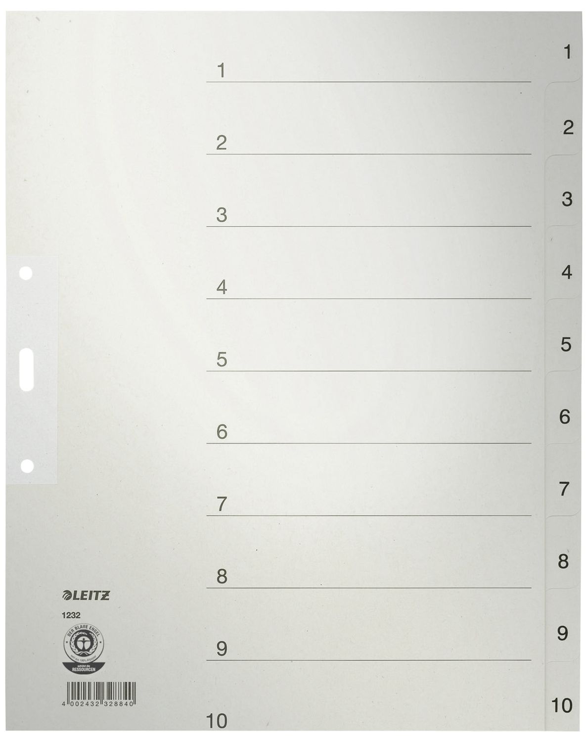 1232 Zahlenregister - 1-10, Papier, A4 Überbreite, 10 Blatt, grau 1232 Zahlenregister - 1-10, Papier, A4 Überbreite, 10 Blatt, grau