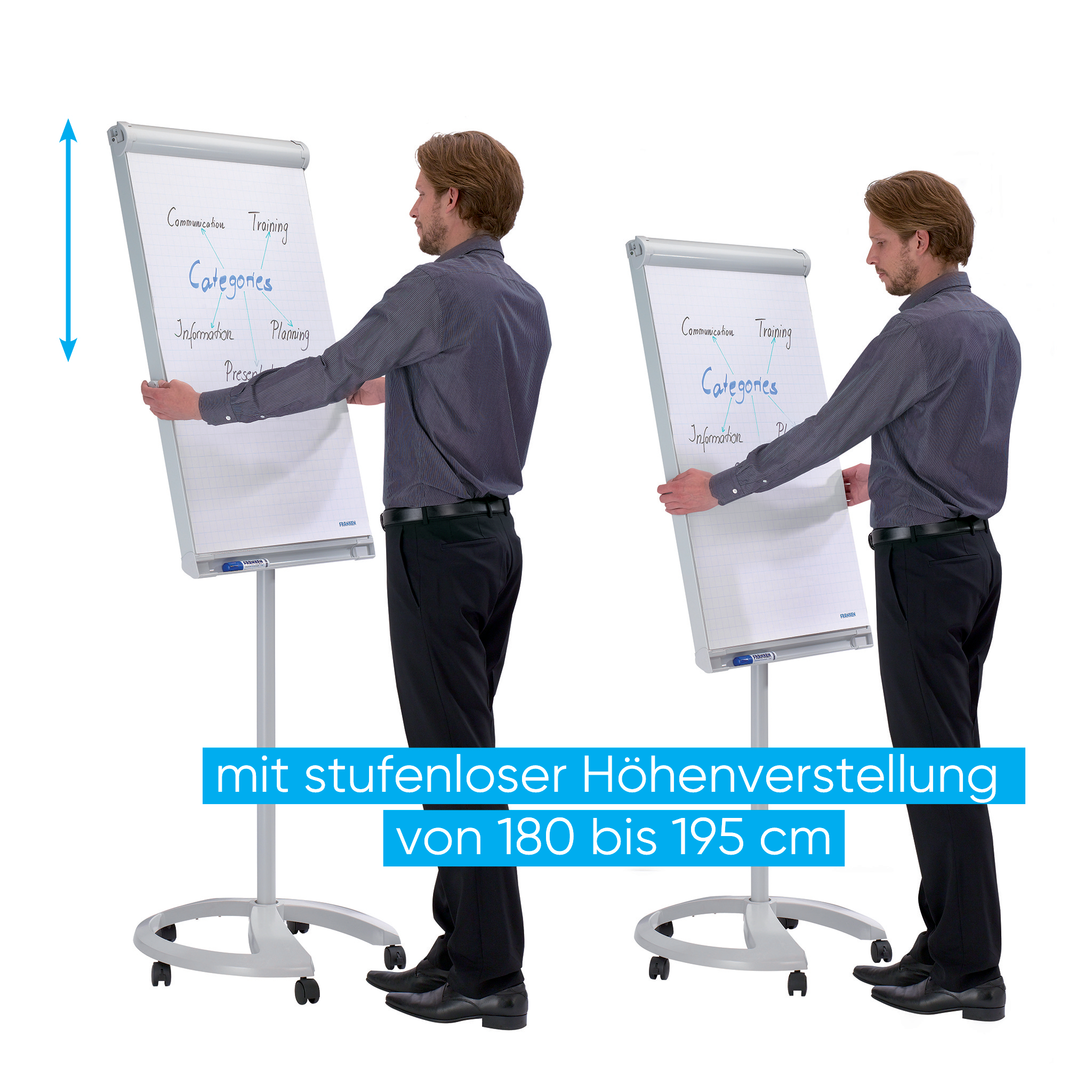Flipchart Franken Deluxe Mobil FC81, Rundfuß mit Rollen, mit Seitenarmen, höhenverstellbar, 67 x 95 cm
