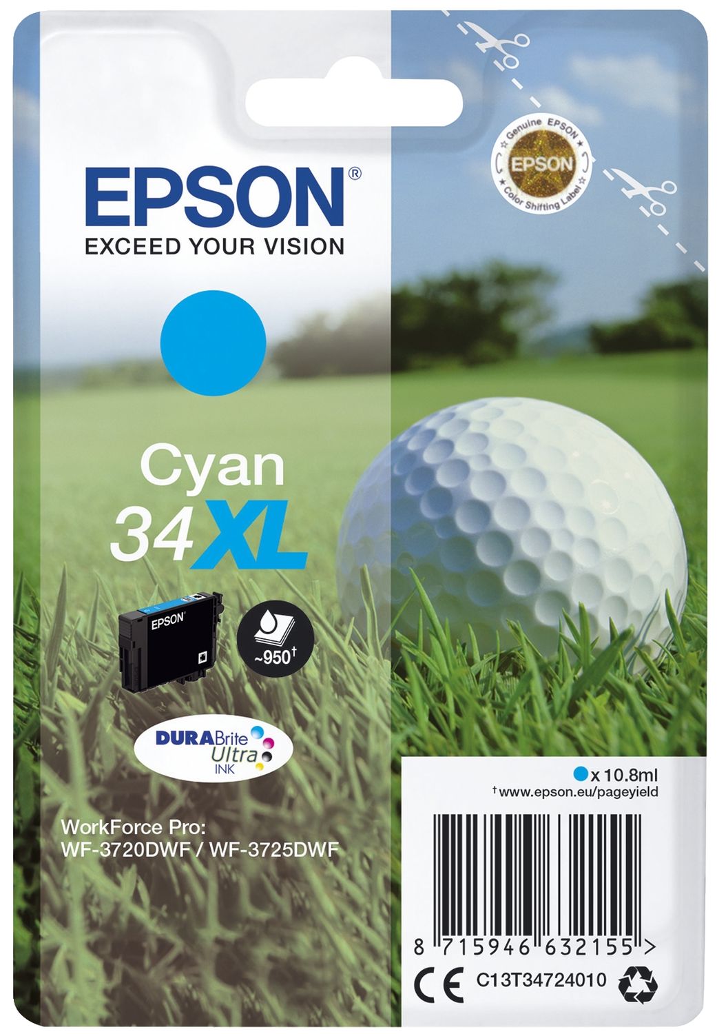 Original Epson Tintenpatrone cyan High-Capacity (C13T34724010,T347240,34XL,T3472,T34724010)