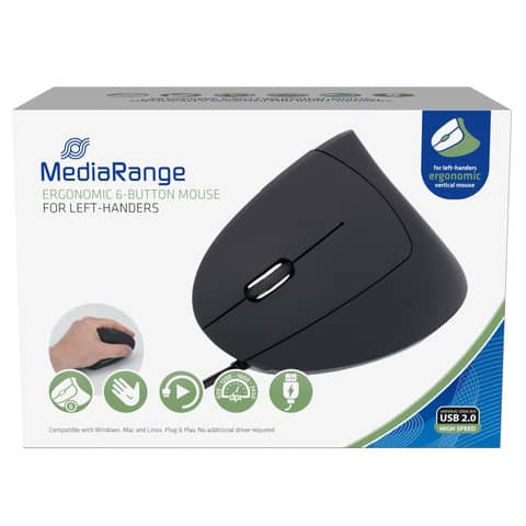 Maus MediaRange MROS231, für Linkshänder, kabelgebunden, 6 Tasten, 2.400 dpi, schwarz