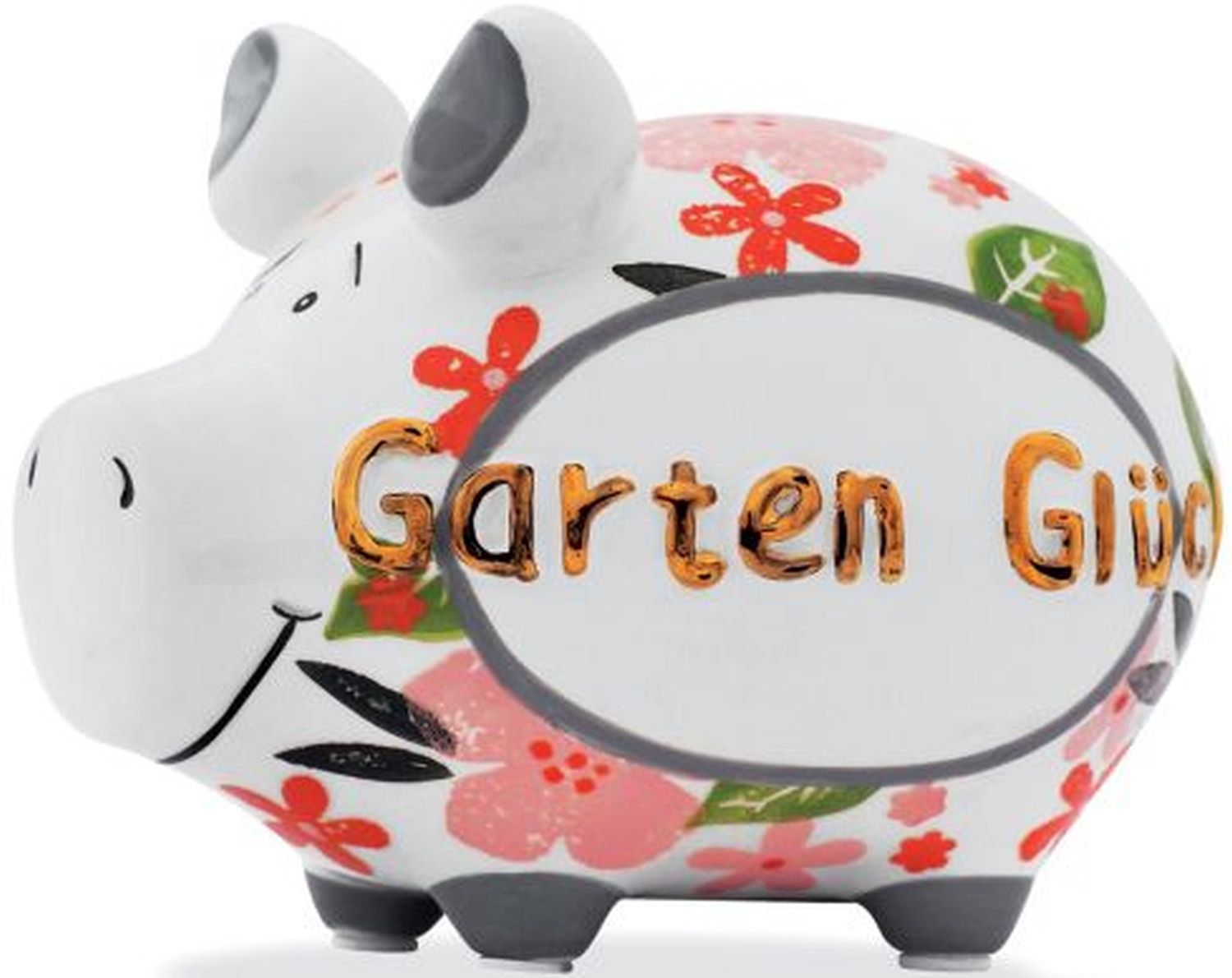 Spardose Schwein "Gartenglück" - Keramik, Gold-Edition, klein