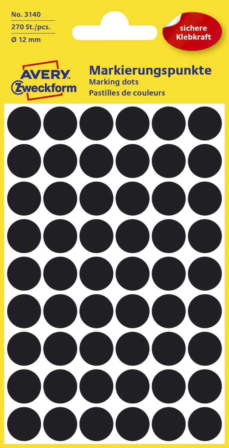 3140 Markierungspunkte - Ø 12 mm, 5 Blatt/270 Etiketten, schwarz 3140 Markierungspunkte - Ø 12 mm, 5 Blatt/270 Etiketten, schwarz