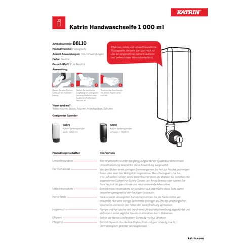 Seife Katrin Liquid Soap Pure Neutral 88110, Flussigseife, für Katrin Spender, Nachfüllkartusche, 1.000 ml
