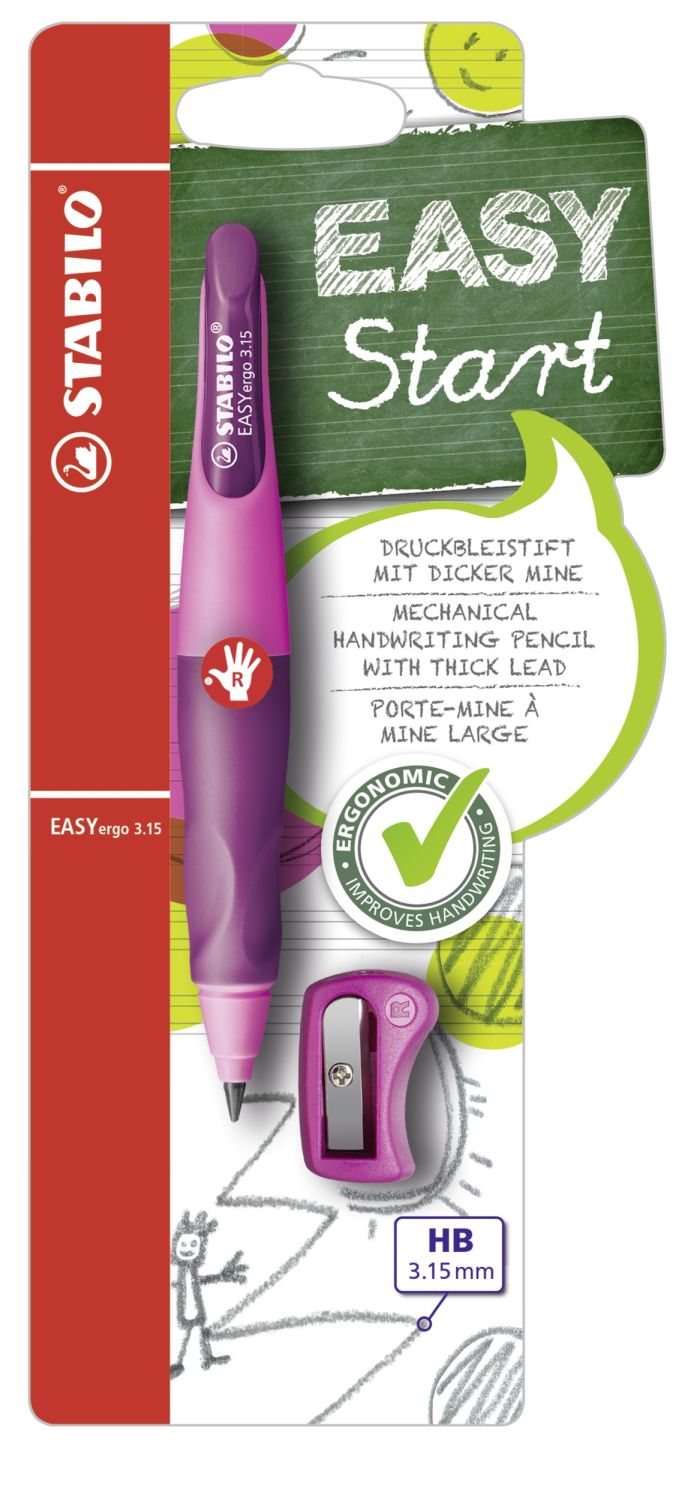 Ergonomischer Druck-Bleistift für Rechtshänder - EASYergo 3.15 in pink/lila - Einzelstift - inklusive 1 dicken Mine - Härtegrad HB & Spitzer Ergonomischer Druck-Bleistift für Rechtshänder - EASYergo 3.15 in pink/lila - Einzelstift - inklusive 1 dicken Mine - Härtegrad HB & Spitzer