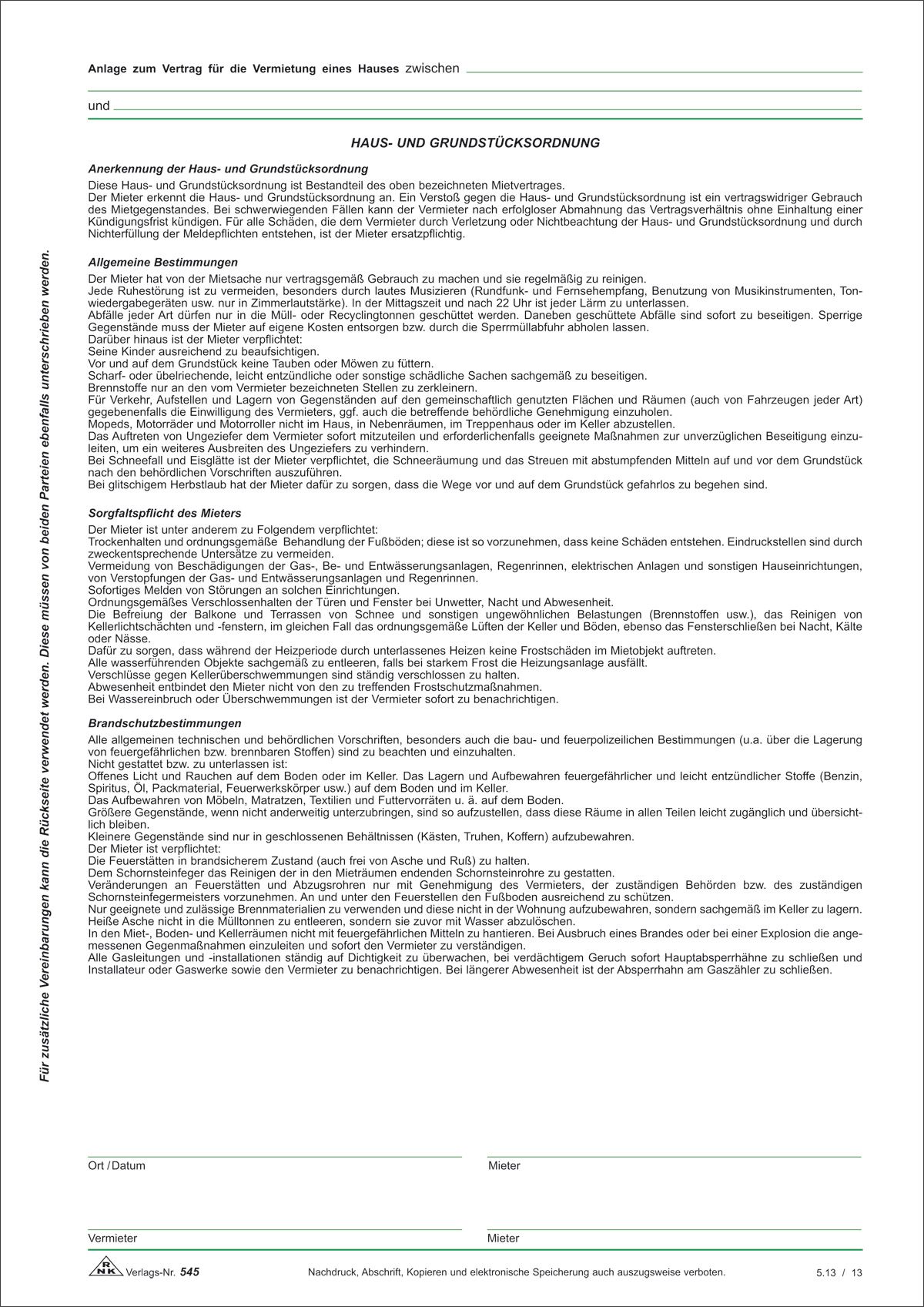 Verträge zur Vermietung eines Hauses, 4 Seiten, DIN A4 + Hausordnung Verträge zur Vermietung eines Hauses, 4 Seiten, DIN A4 + Hausordnung