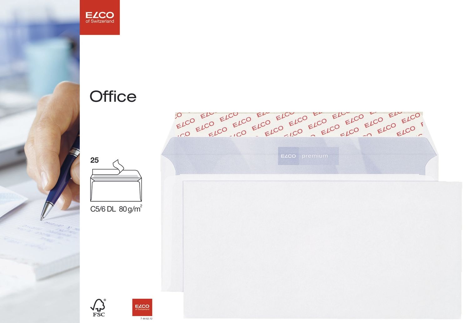 Briefumschlag Office Elco 74462.12, C6/5 Din lang, hochweiß, haftkelbend, Innendruck, ohne Fenster, 80 g/qm, 25 Stück