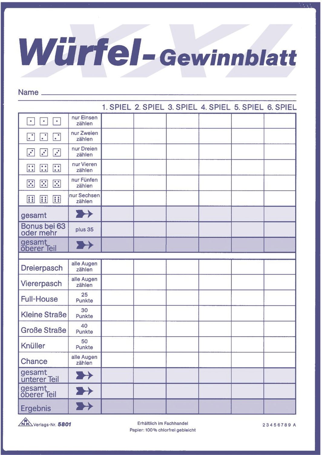 Würfelspiel-Gewinnblatt XXL - Block, DIN A5, 2 x 85 Blatt Würfelspiel-Gewinnblatt XXL - Block, DIN A5, 2 x 85 Blatt