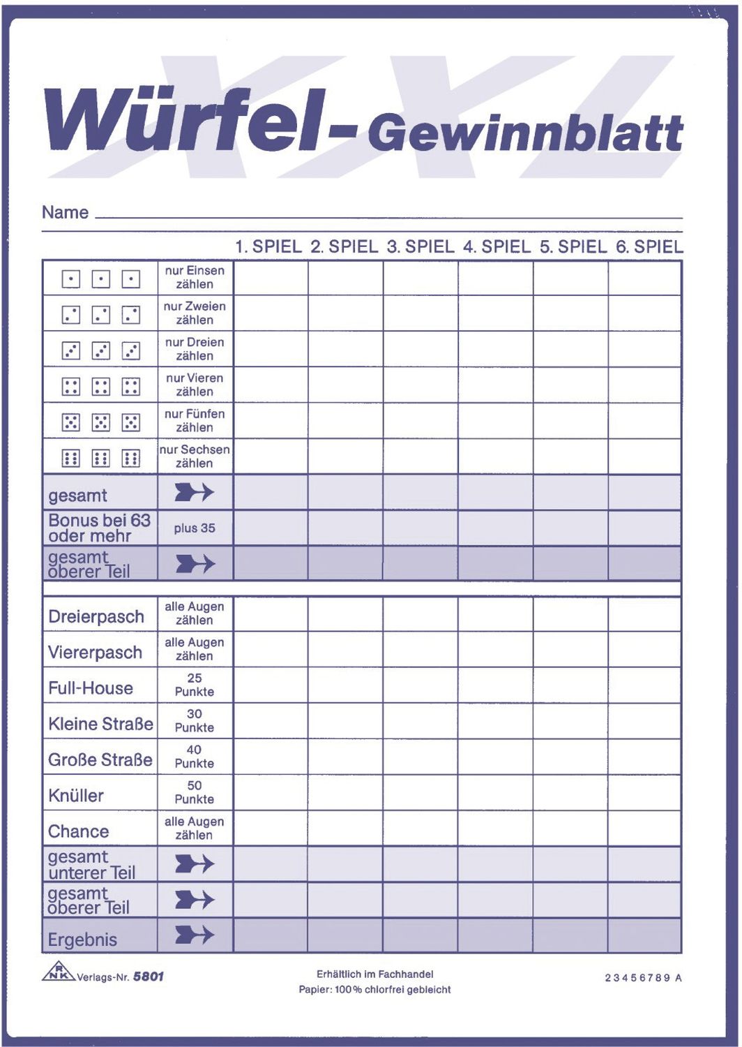 Würfelspiel-Gewinnblatt XXL - Block, DIN A5, 2 x 85 Blatt