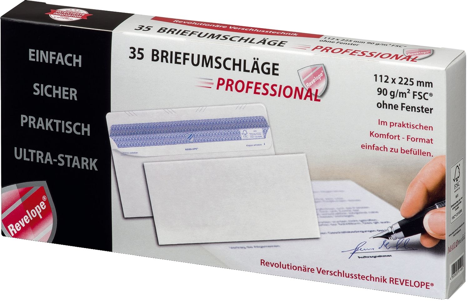 Briefumschlag Revelope® 30051783 - 112 x 225 mm, o. Fenster, weiß,  90 g/qm, Innendruck, Revelope-Klebung, 35 Stück