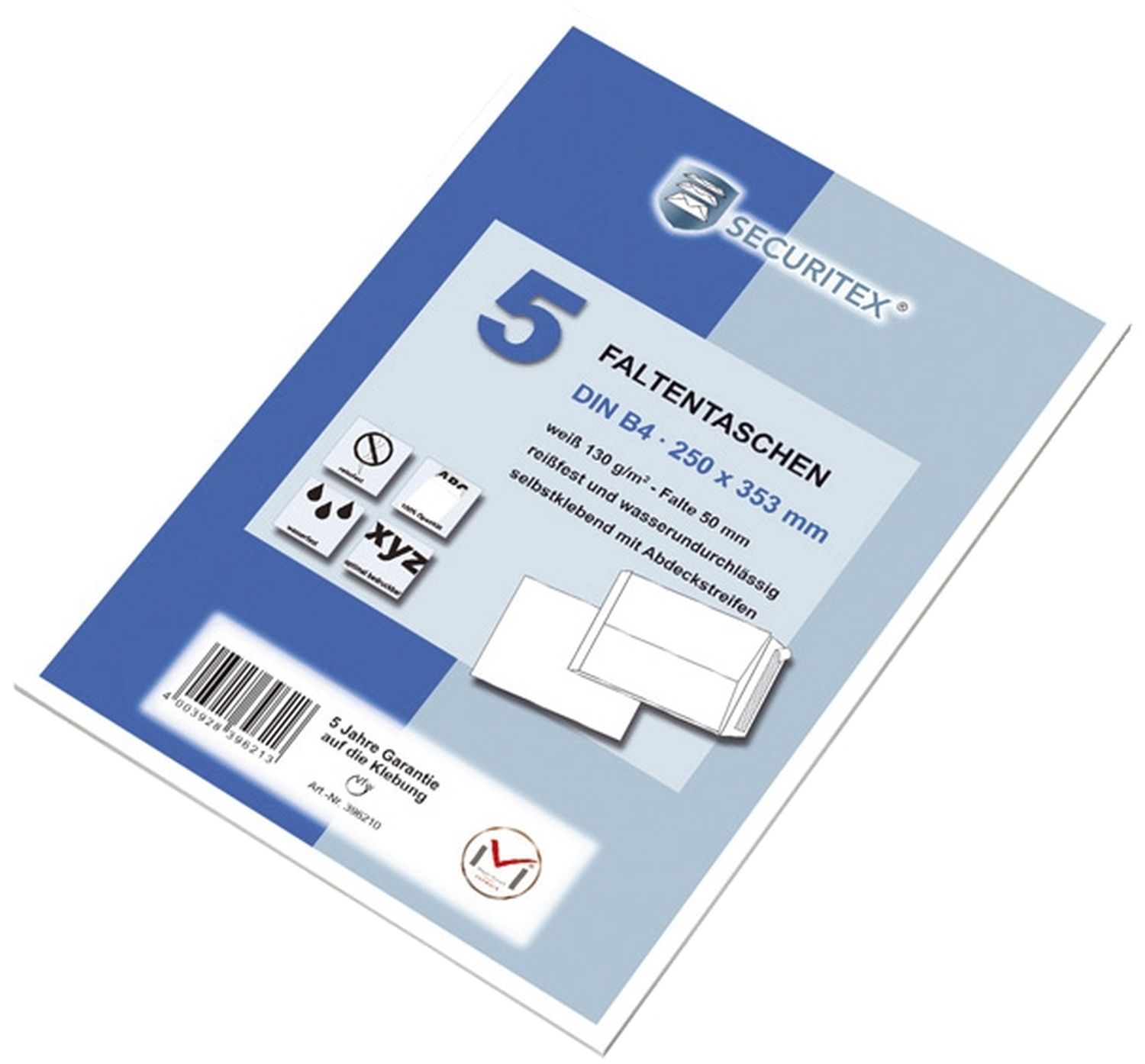 Faltentasche SECURITEX® 30002547, B4, 130 g/qm, haftklebend, 50 mm Falte und Stehboden, 5 Stück