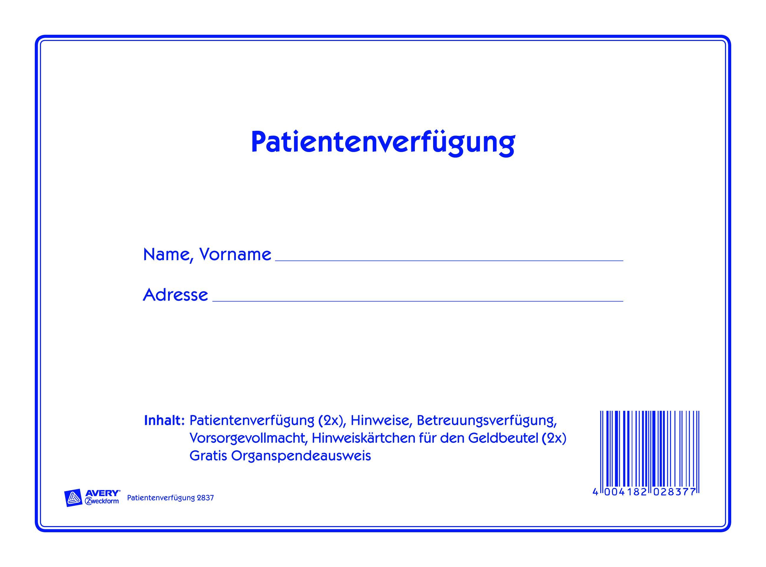 2837 Patientenverfügung, DIN A4, 1 Satz/10 Stück, weiß 2837 Patientenverfügung, DIN A4, 1 Satz/10 Stück, weiß