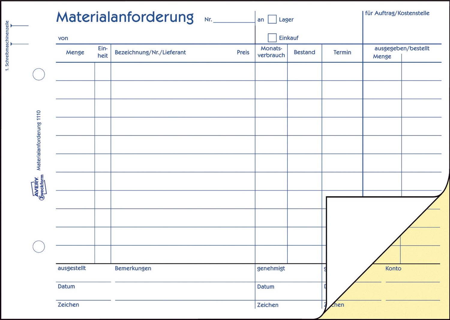 1110 Materialanforderung, DIN A5, vorgelocht, 2 x 50 Blatt, weiß, gelb 1110 Materialanforderung, DIN A5, vorgelocht, 2 x 50 Blatt, weiß, gelb