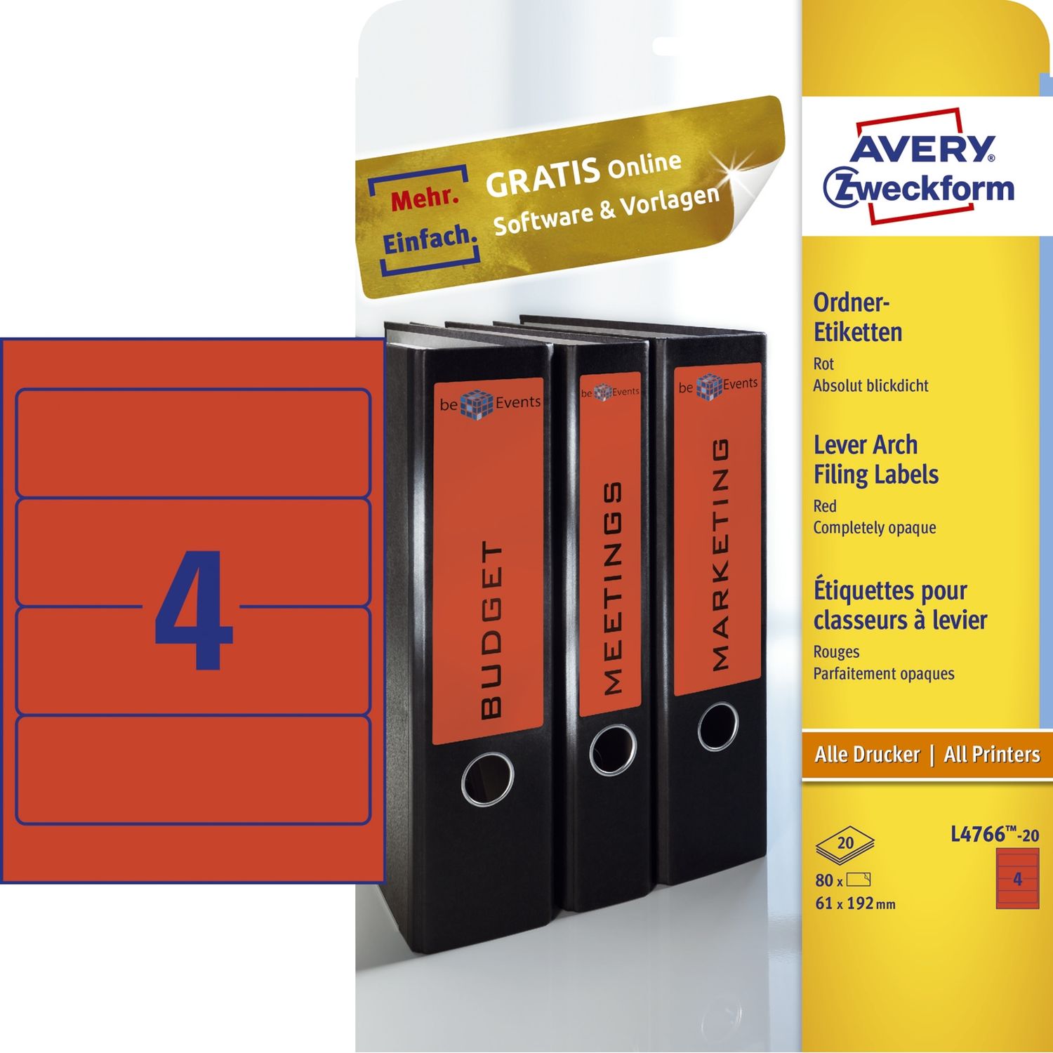 Rückenschilder farbig Avery Zweckform L4766-20 PC-beschriftbar, breit/kurz 61 x 192 mm, 20 Bogen/80 Etiketten, rot